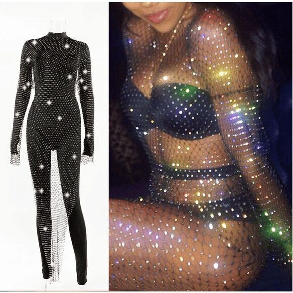 ✨💎 NWT Rhinestone Crystal Diamond Fishnet Mesh Sheer Long Sleeve Maxi Dress L - Picture 1 of 17